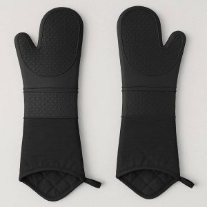 1 Extra Long Silicone Oven Mitts Heat Resistant Kitchen Gloves with Quilted Cotton Lining for Cooking Baking and Grilling