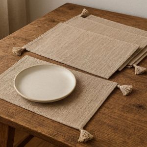 14 Rustic Linen Fabric Placemats for Kitchen Decor Reusable Washable Table Mats with Tassels for Modern Farmhouse Style Dining Room