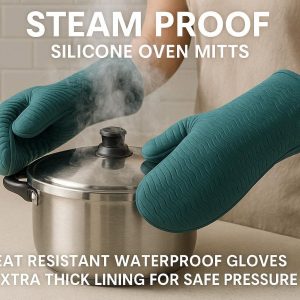 8 Steam Proof Silicone Oven Mitts for Kitchen Use Heat Resistant Waterproof Gloves with Extra Thick Lining for Safe Pressure Cooking